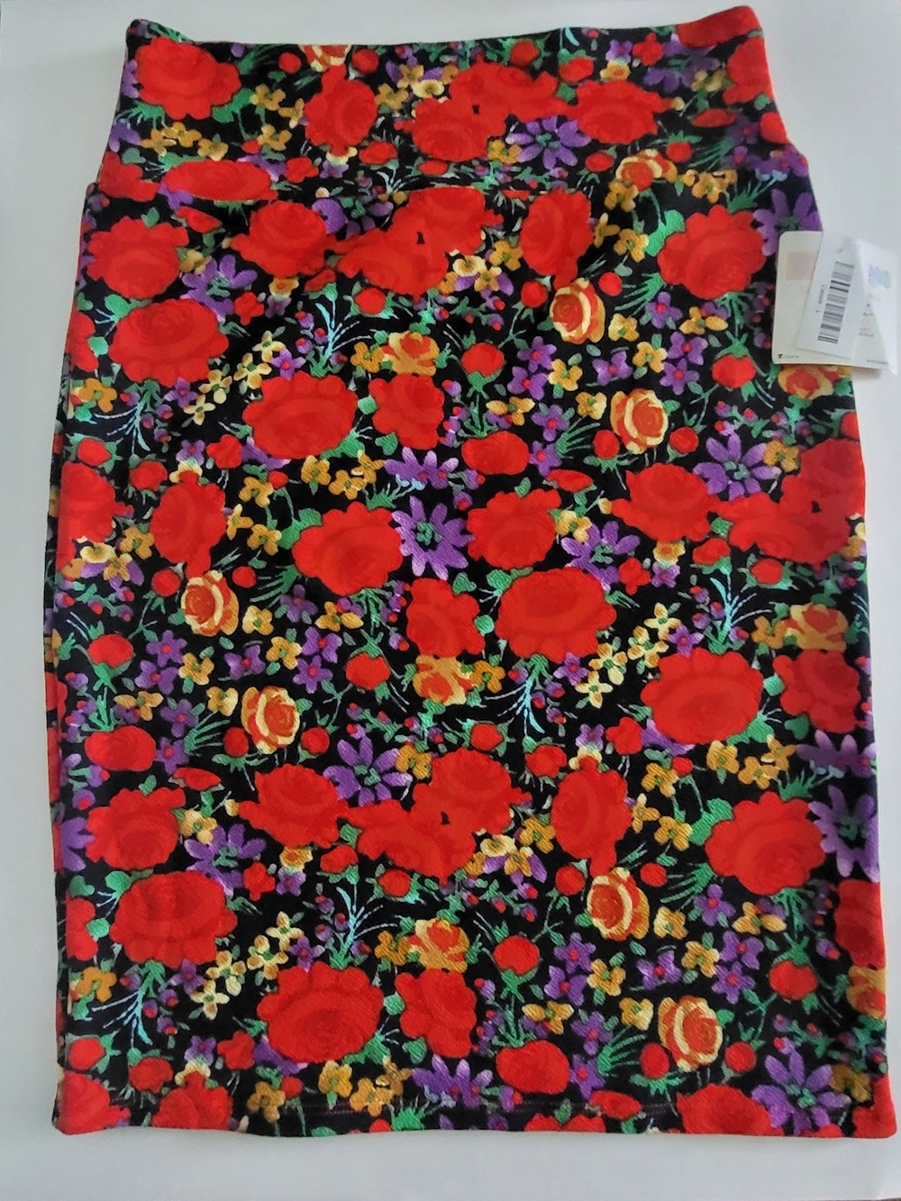LuLaRoe Red Floral Cassie Pencil Skirt with Multicolor Blooms